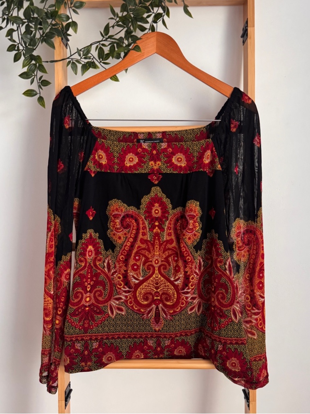 INC International Boho Indie Whimsigoth Y2k Romantic Paisley Red/ Black Blouse S